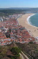 The modern town and beach of Nazare showing the finicular railway